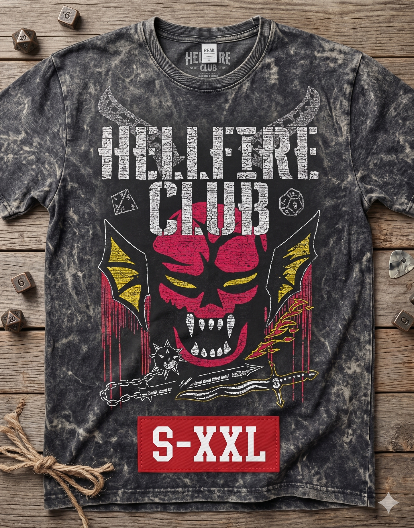 HELLFIRE CLUB Jumbo Print Acid Washed Vintage 90s Style Heavyweight T-Shirt