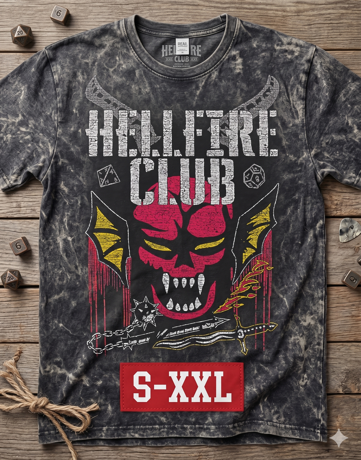 HELLFIRE CLUB Jumbo Print Acid Washed Vintage 90s Style Heavyweight T-Shirt