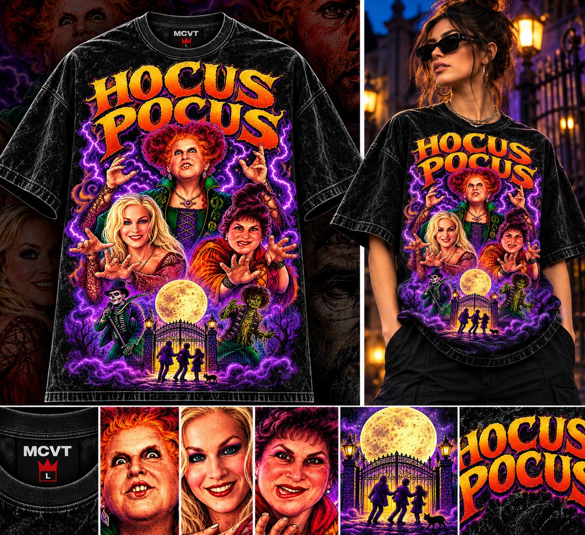 HOCUS POCUS ICONIC SERIES Jumbo Print Acid Washed Vintage 90s Style Heavyweight T-Shirt