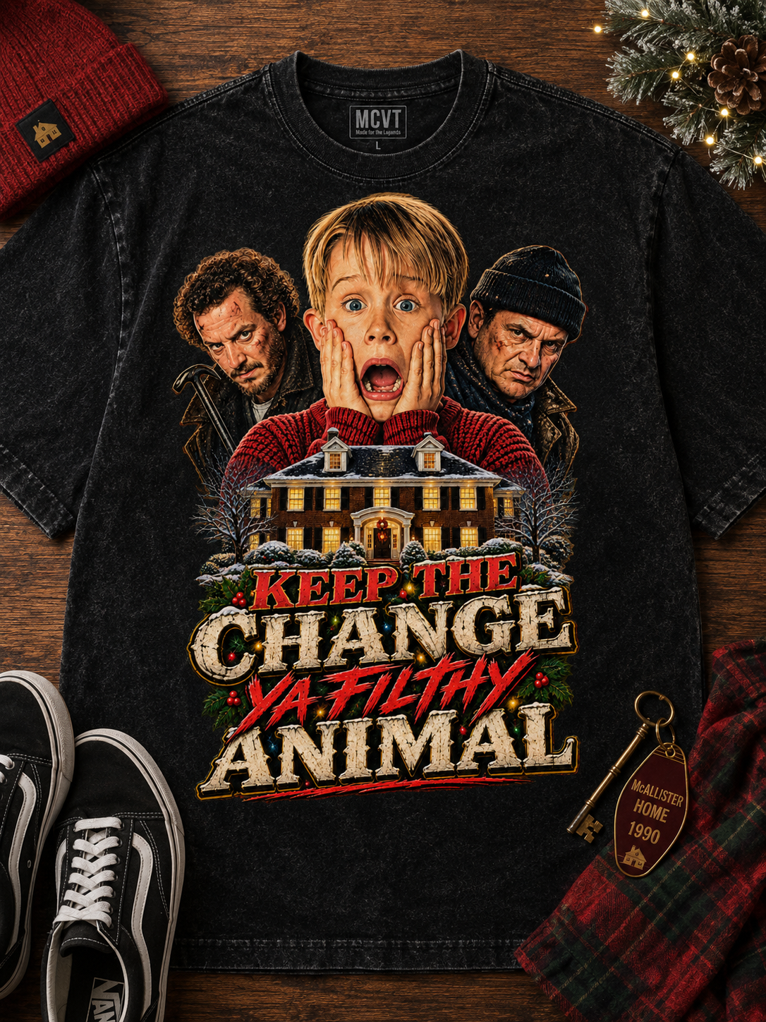 HOME ALONE Jumbo Print Acid Washed Vintage 90s Style Heavyweight T-Shirt
