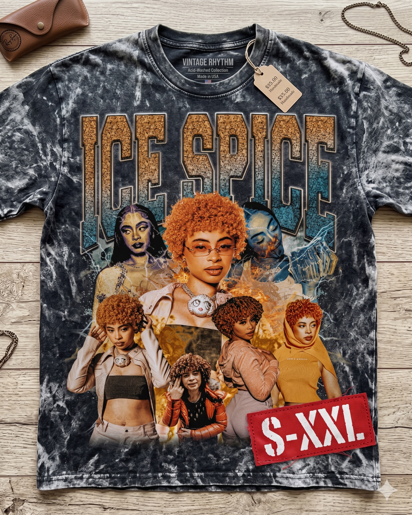 SPICE Jumbo Print Acid Washed Vintage 90s Style Heavyweight T Shirt