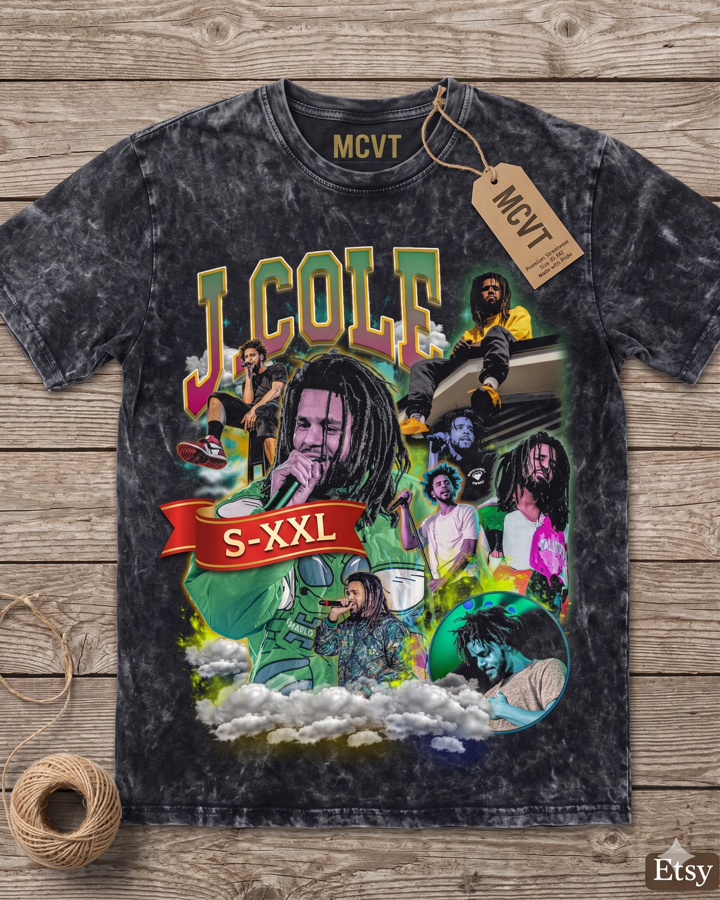 J COLE Jumbo Print Acid Washed Vintage 90s Style Heavyweight T-Shirt