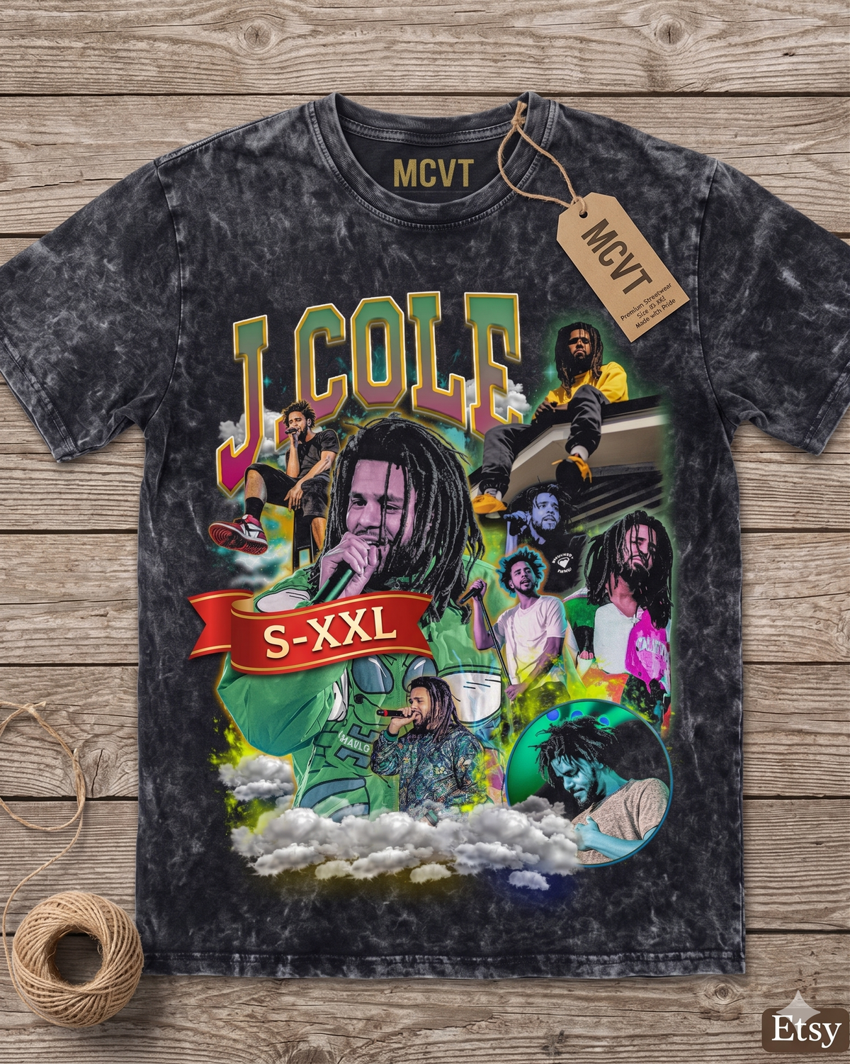 J COLE Jumbo Print Acid Washed Vintage 90s Style Heavyweight T-Shirt