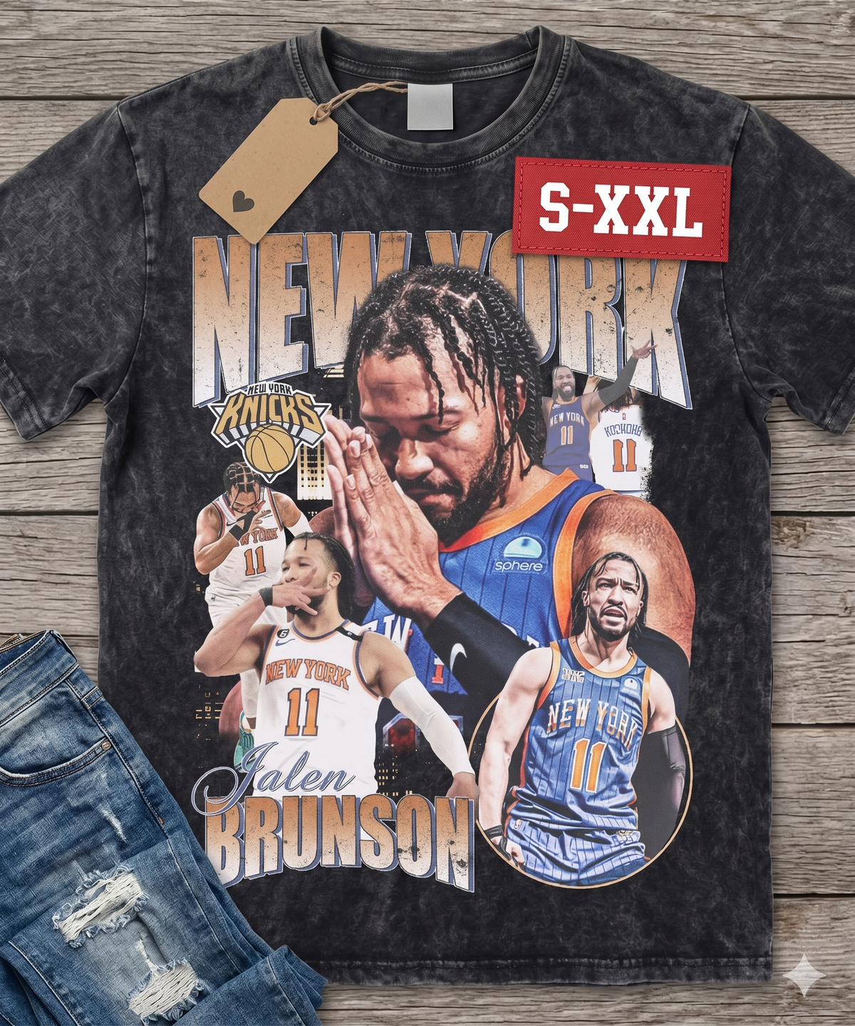 JALEN BRUNSON Jumbo Print Acid Washed Vintage 90s Style Heavyweight T-Shirt