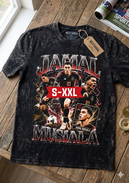 JAMAL MUSIALA Jumbo Print Acid Washed Vintage 90s Style Heavyweight T-Shirt