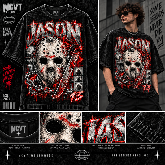 JASON ICONIC SERIES Jumbo Print Acid Washed Vintage 90s Style Heavyweight T-Shirt