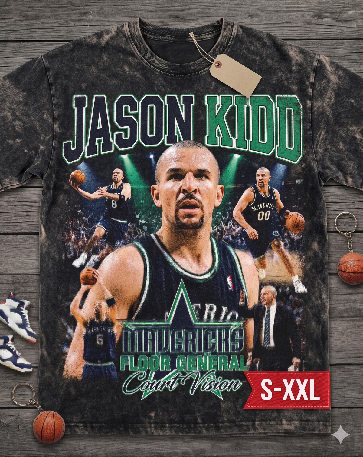 JASON KIDD Jumbo Print Acid Washed Vintage 90s Style Heavyweight T Shirt