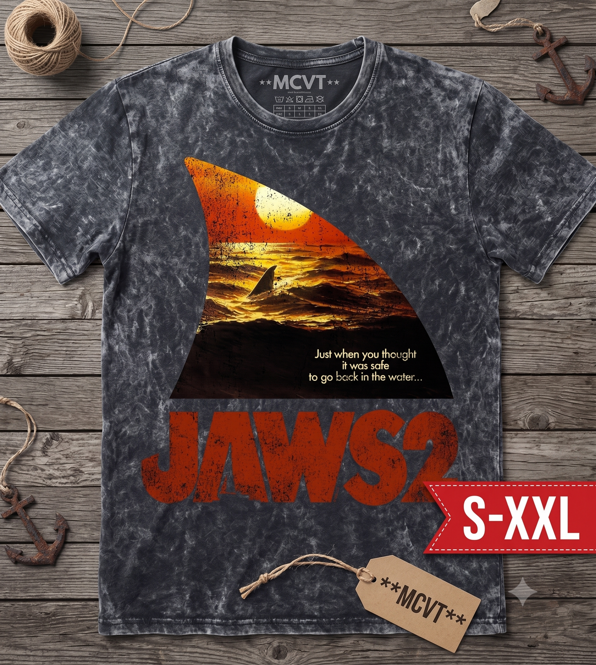 JAWS 2 Jumbo Print Acid Washed Vintage 90s Style Heavyweight T-Shirt