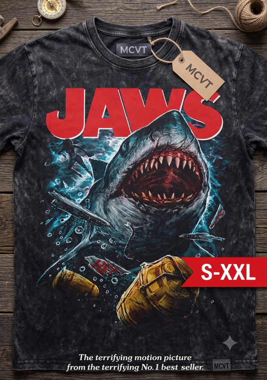JAWS Jumbo Print Acid Washed Vintage 90s Style Heavyweight T-Shirt