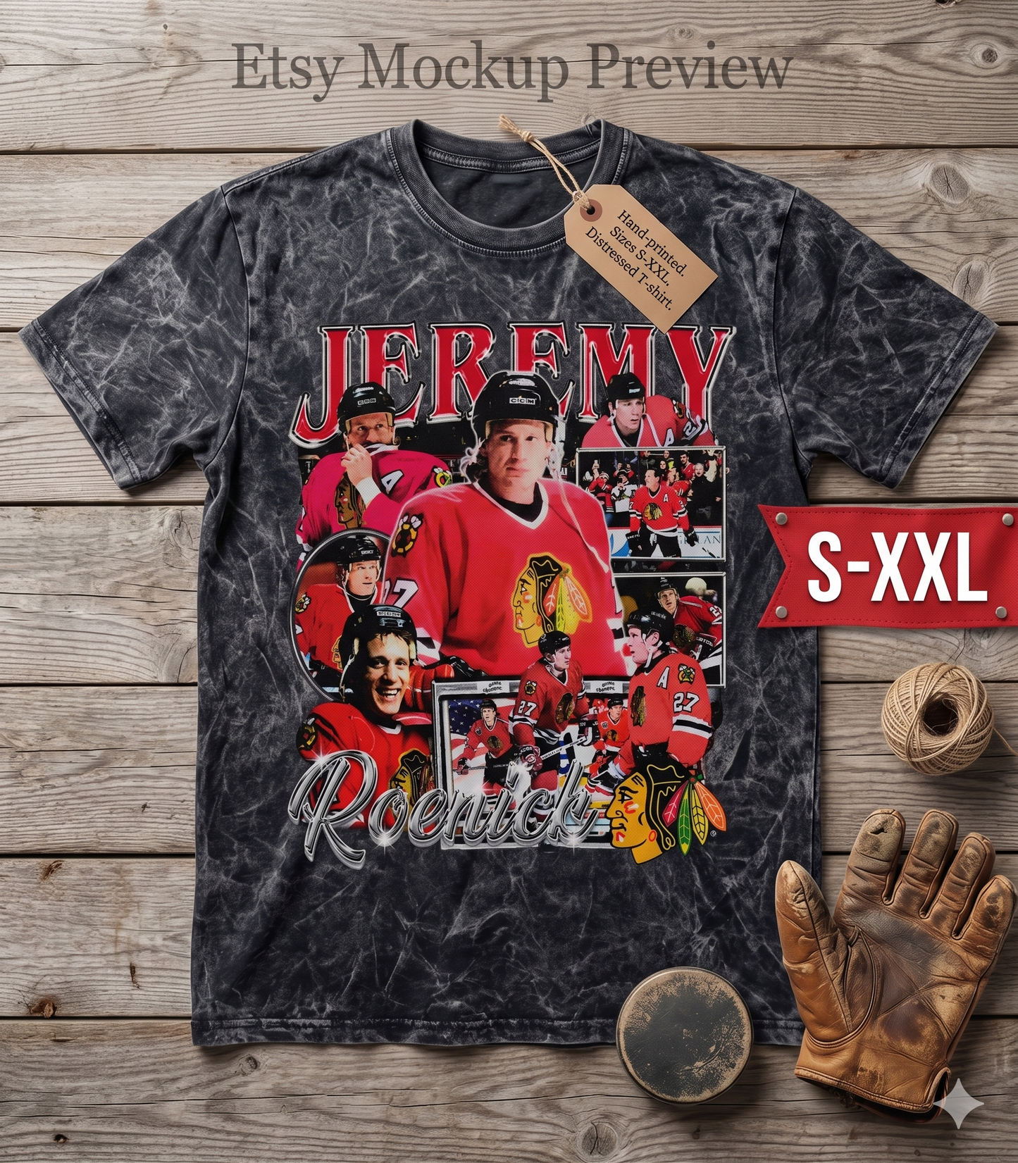 JEREMY ROENICK Jumbo Print Acid Washed Vintage 90s Style Heavyweight T-Shirt