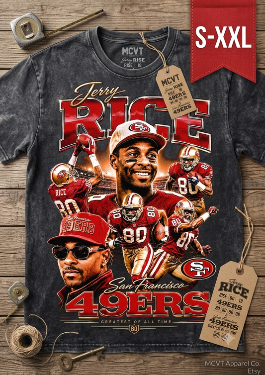 JERRY RICE Jumbo Print Acid Washed Vintage 90s Style Heavyweight T-Shirt