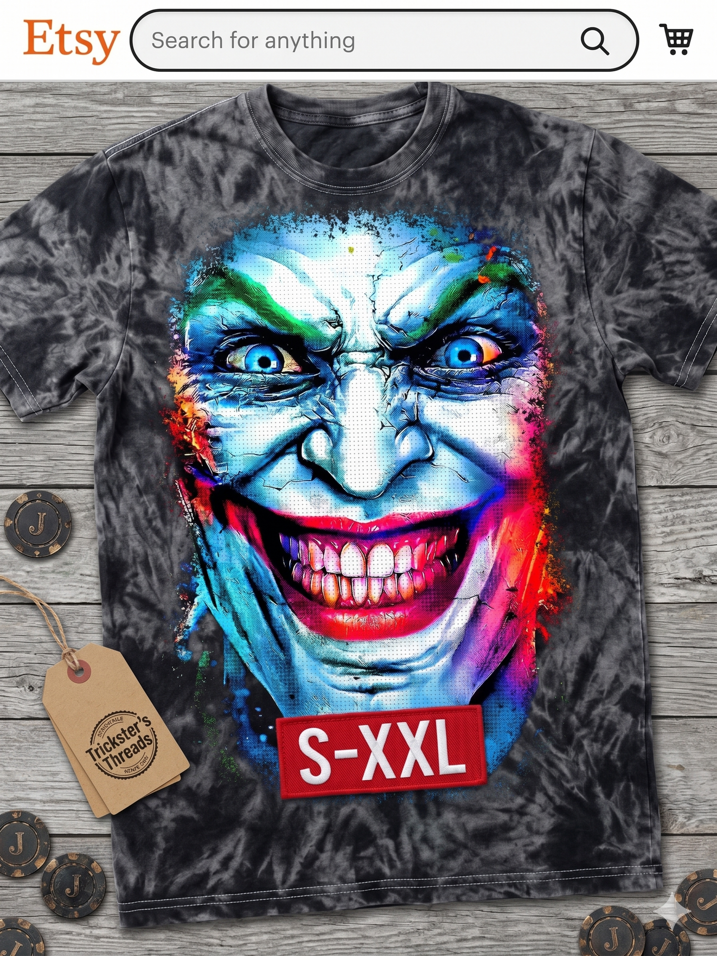 THE JOKER Jumbo Print Acid Washed Vintage 90s Style Heavyweight T-Shirt