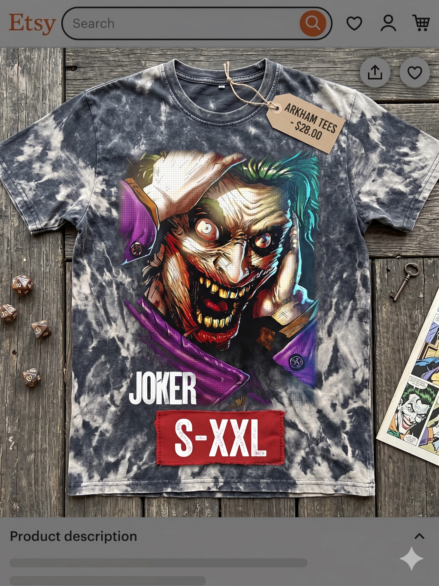 THE JOKER Jumbo Print Acid Washed Vintage 90s Style Heavyweight T-Shirt