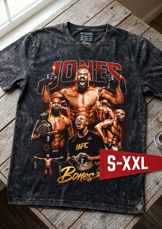 FIGHTER LEGENDS BONES JONES Jumbo Print Acid Washed Vintage 90s Style Heavyweight T-Shirt