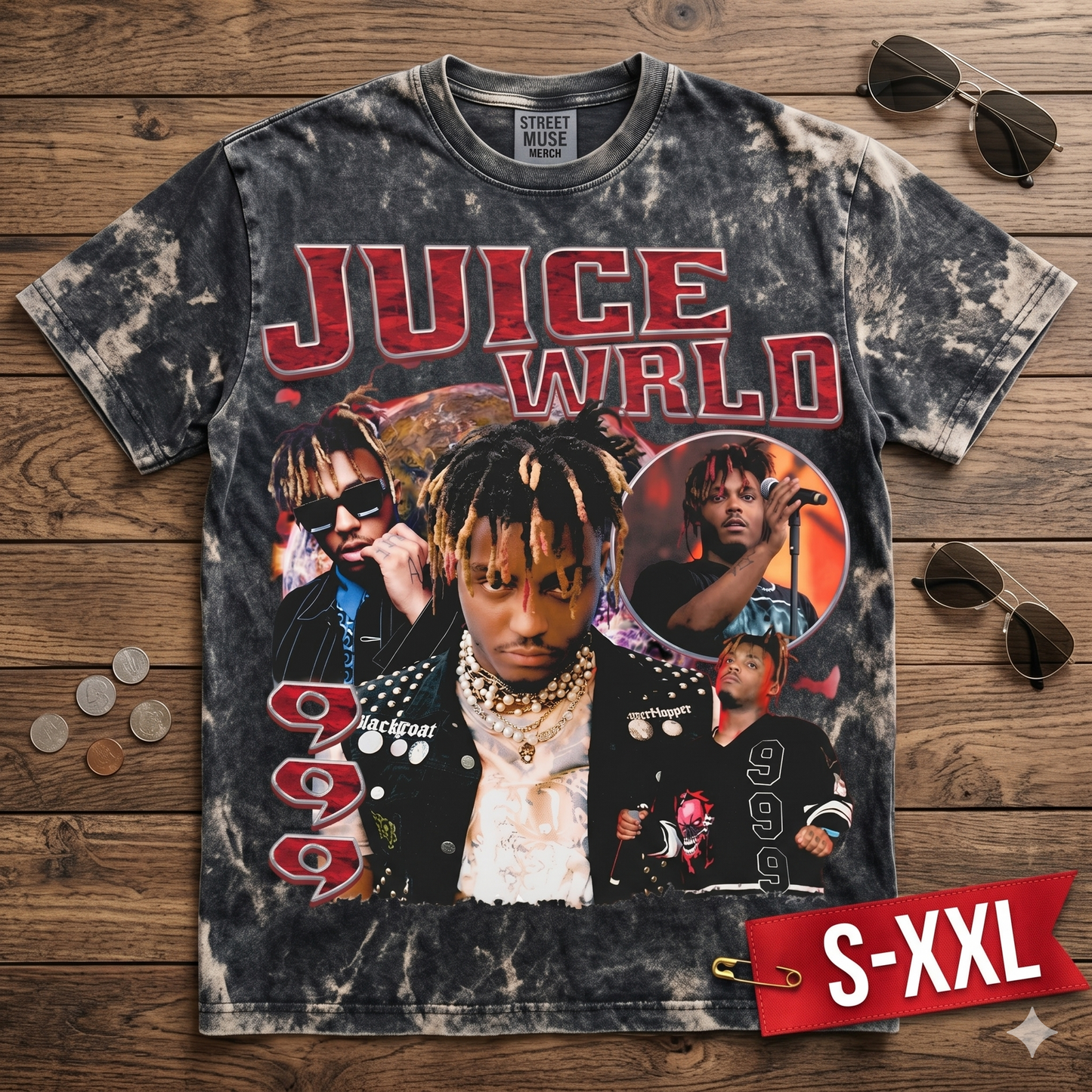 JUICE WRLD Jumbo Print Acid Washed Vintage 90s Style Heavyweight T Shirt