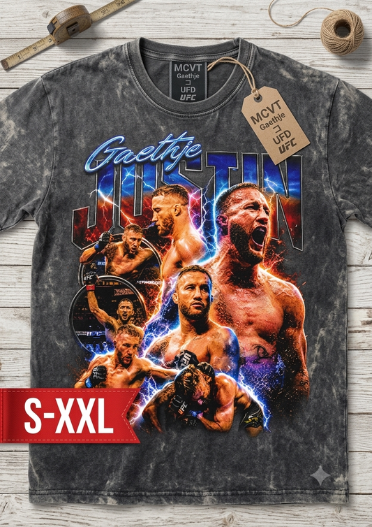 FIGHTER LEGENDS JUSTIN Jumbo Print Acid Washed Vintage 90s Style Heavyweight T-Shirt
