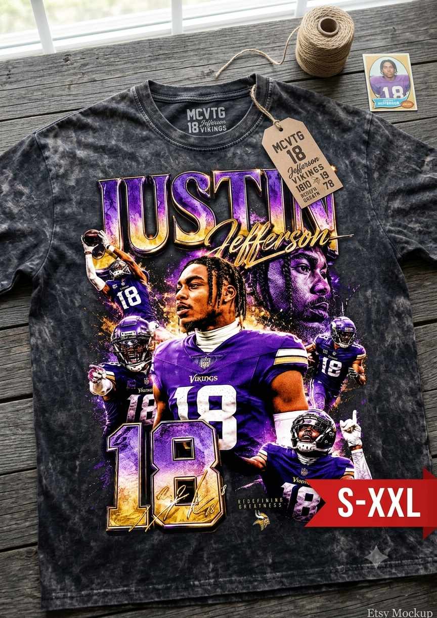 JUSTIN JEFFERSON Jumbo Print Acid Washed Vintage 90s Style Heavyweight T-Shirt