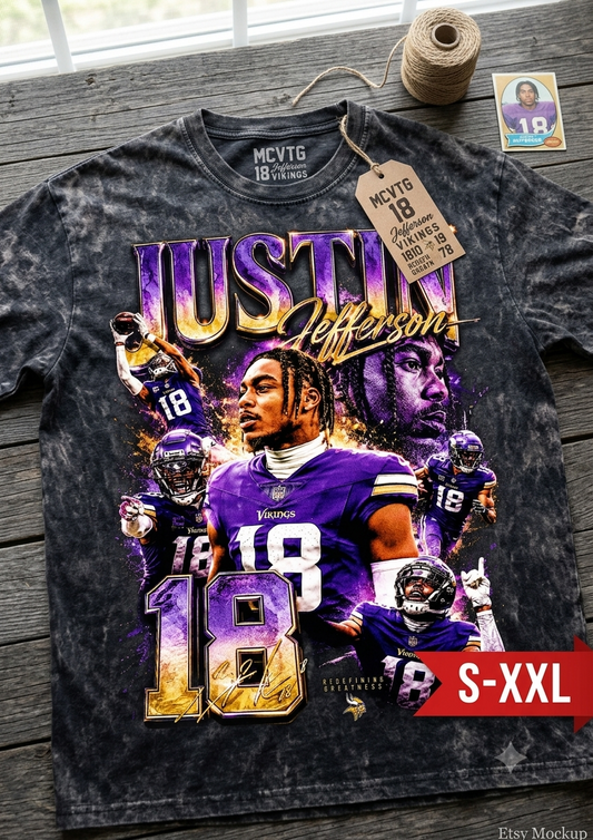 JUSTIN JEFFERSON Jumbo Print Acid Washed Vintage 90s Style Heavyweight T-Shirt