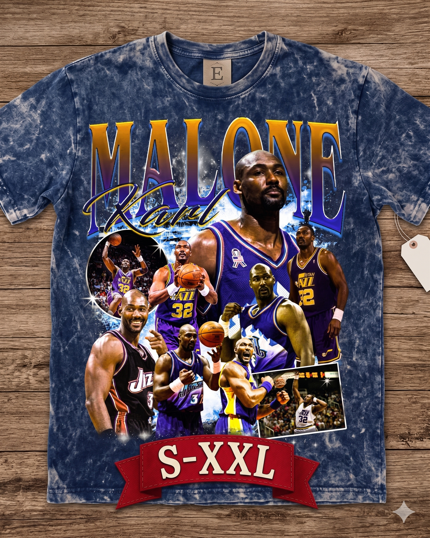 KARL MALONE Jumbo Print Acid Washed Vintage 90s Style Heavyweight T-Shirt