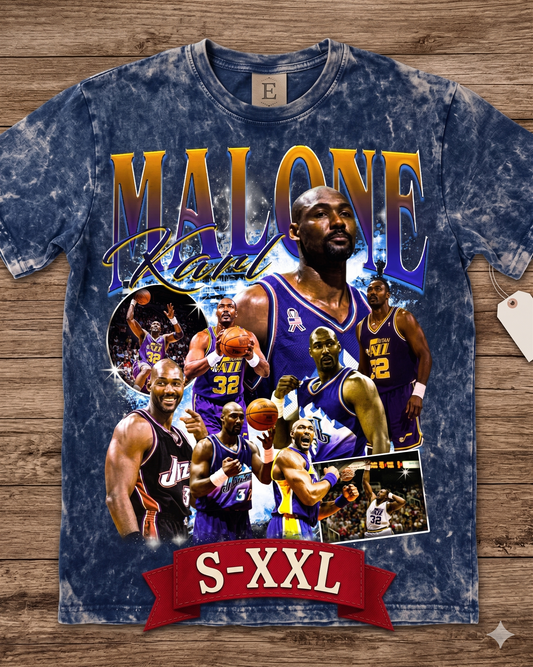 KARL MALONE Jumbo Print Acid Washed Vintage 90s Style Heavyweight T-Shirt