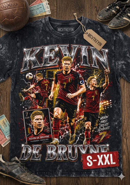 KEVIN DEBRUYNE Jumbo Print Acid Washed Vintage 90s Style Heavyweight T-Shirt