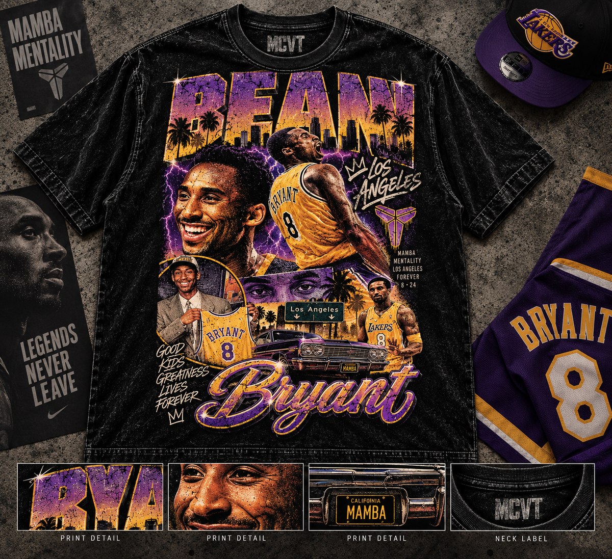 KOBE ICONIC SERIES Jumbo Print Acid Washed Vintage 90s Style Heavyweight T-Shirt
