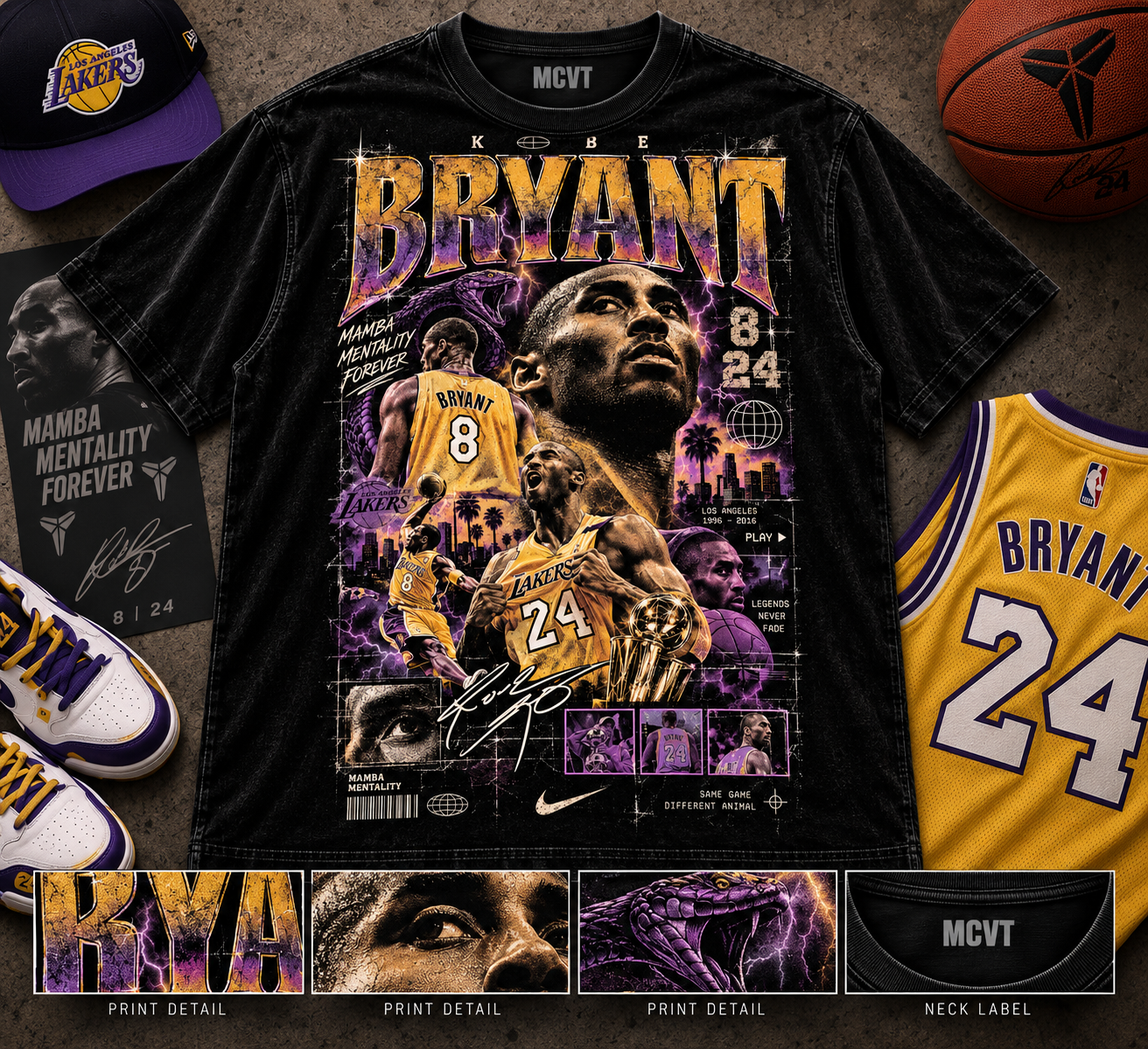 KOBE USA ICONIC SERIES Jumbo Print Acid Washed Vintage 90s Style Heavyweight T-Shirt