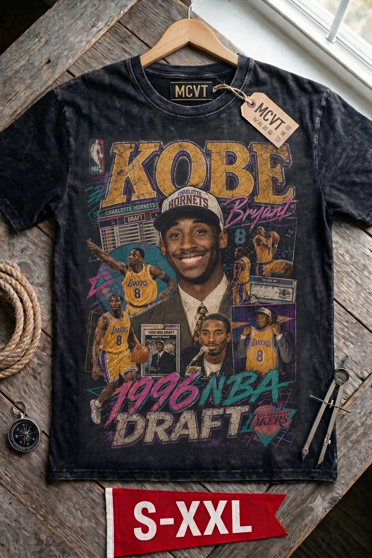 KOBE DRAFT DAY Jumbo Print Acid Washed Vintage 90s Style Heavyweight T-Shirt