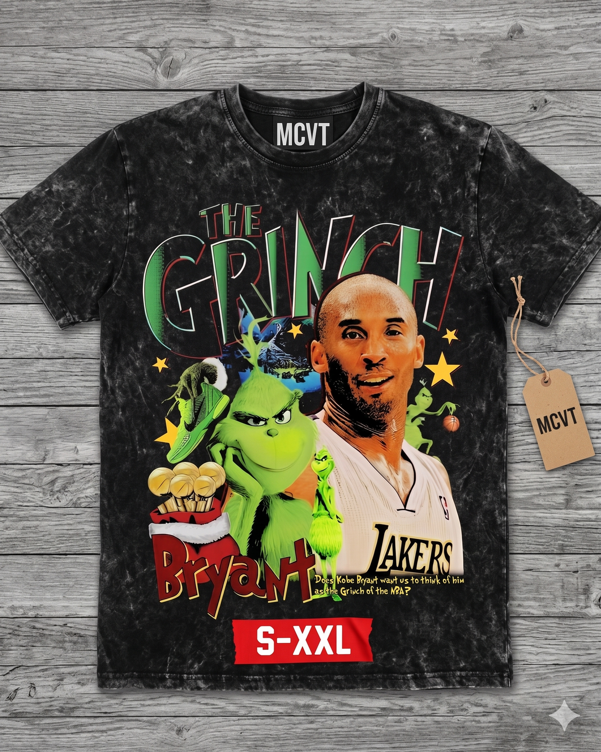KOBE BRYANT GRINCH Jumbo Print Acid Washed Vintage 90s Style Heavyweight T-Shirt