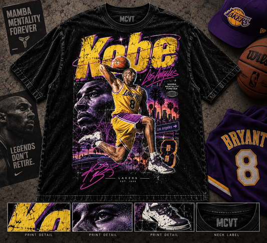 KOBE ICONIC SERIES Jumbo Print Acid Washed Vintage 90s Style Heavyweight T-Shirt