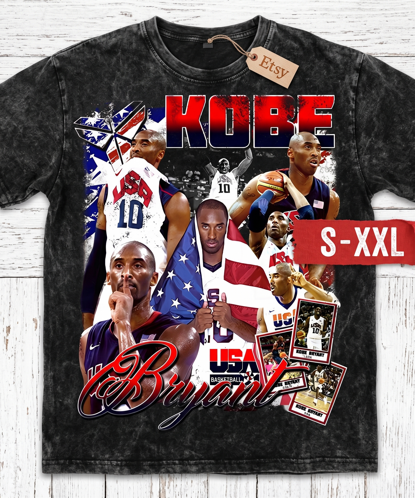 KOBE USA Jumbo Print Acid Washed Vintage 90s Style Heavyweight T-Shirt