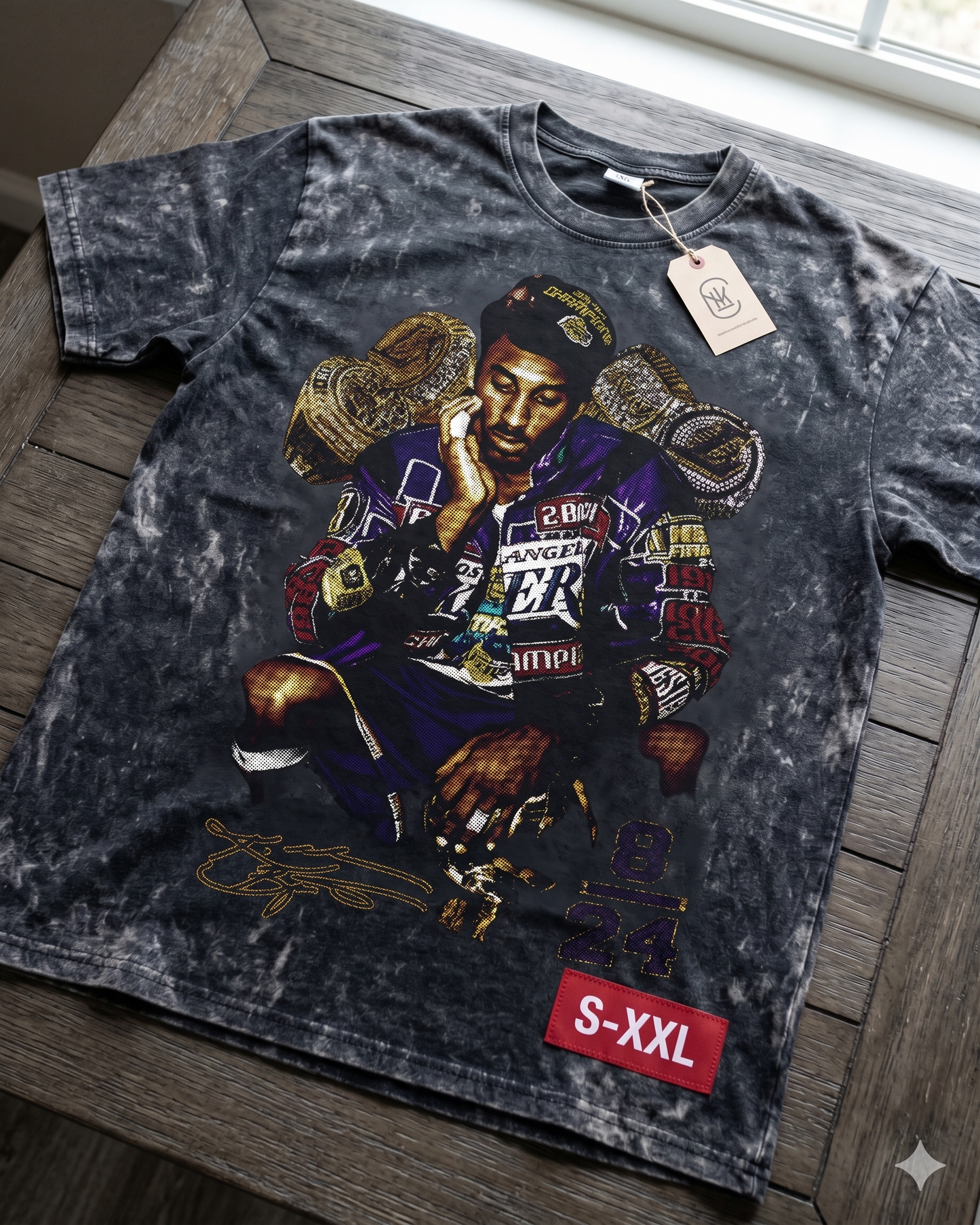 KOBE TROPHY Jumbo Print Acid Washed Vintage 90s Style Heavyweight T Shirt