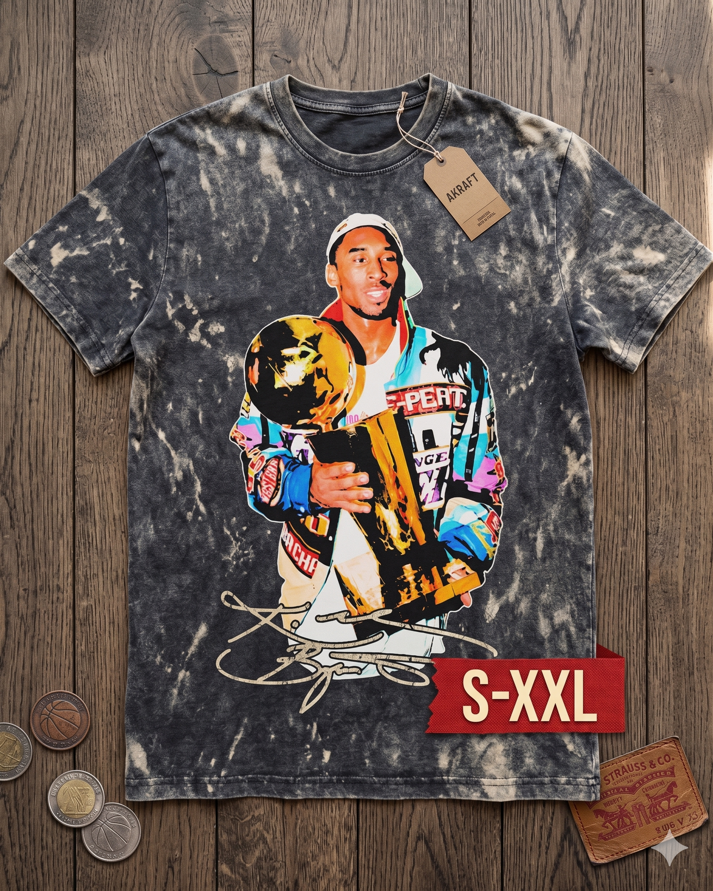KOBE Jumbo Print Acid Washed Vintage 90s Style Heavyweight T Shirt