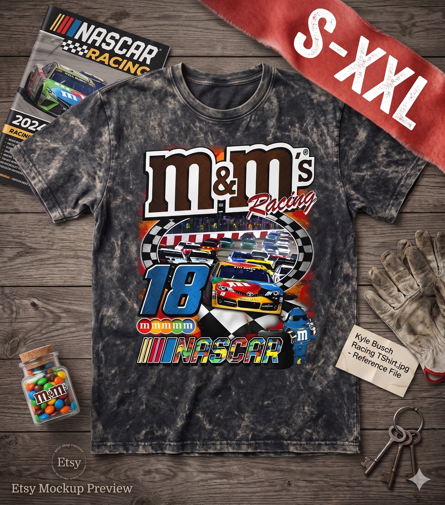 KYLE BUSCH Jumbo Print Acid Washed Vintage 90s Style Heavyweight T-Shirt