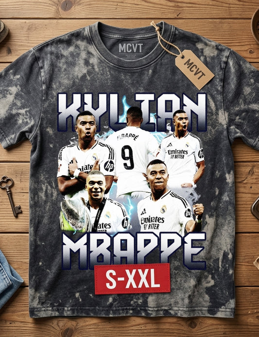 KYLIAN MBAPPE Jumbo Print Acid Washed Vintage 90s Style Heavyweight T-Shirt