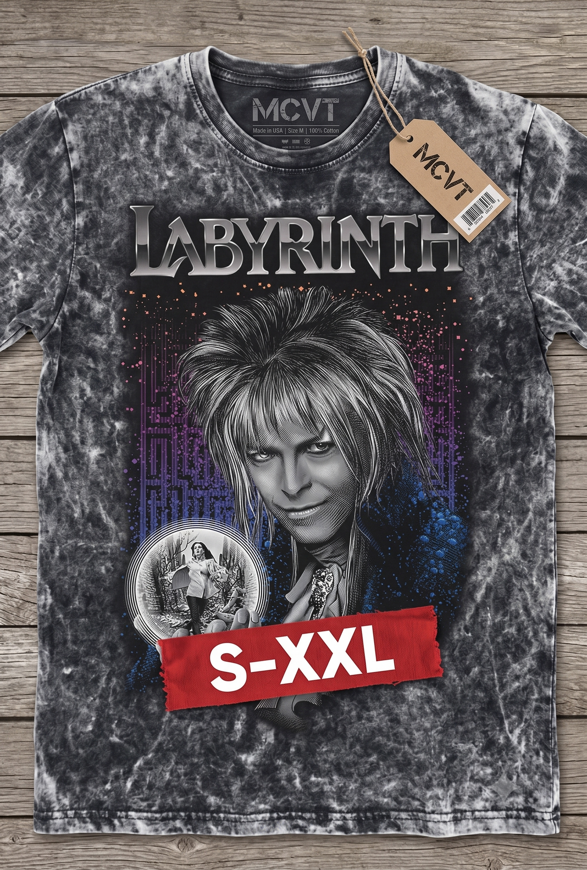 LABYRINTH Jumbo Print Acid Washed Vintage 90s Style Heavyweight T-Shirt