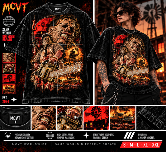 LEATHERFACE ICONIC SERIES Jumbo Print Acid Washed Vintage 90s Style Heavyweight T-Shirt