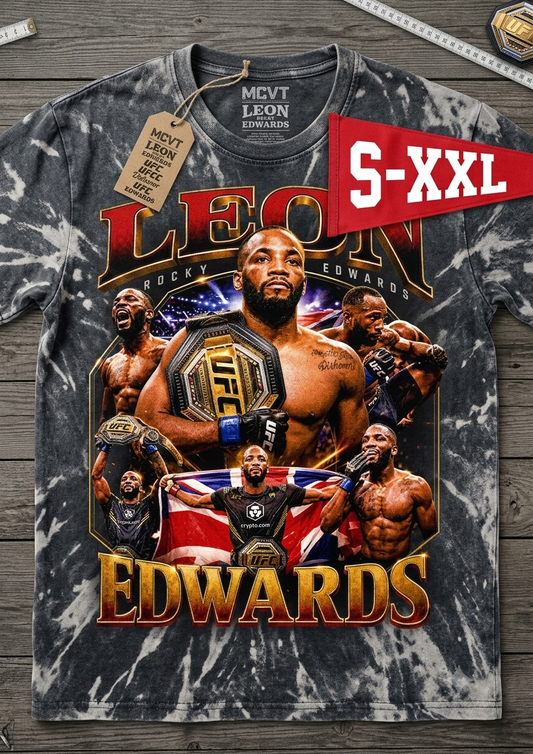 LEON EDWARDS Jumbo Print Acid Washed Vintage 90s Style Heavyweight T-Shirt