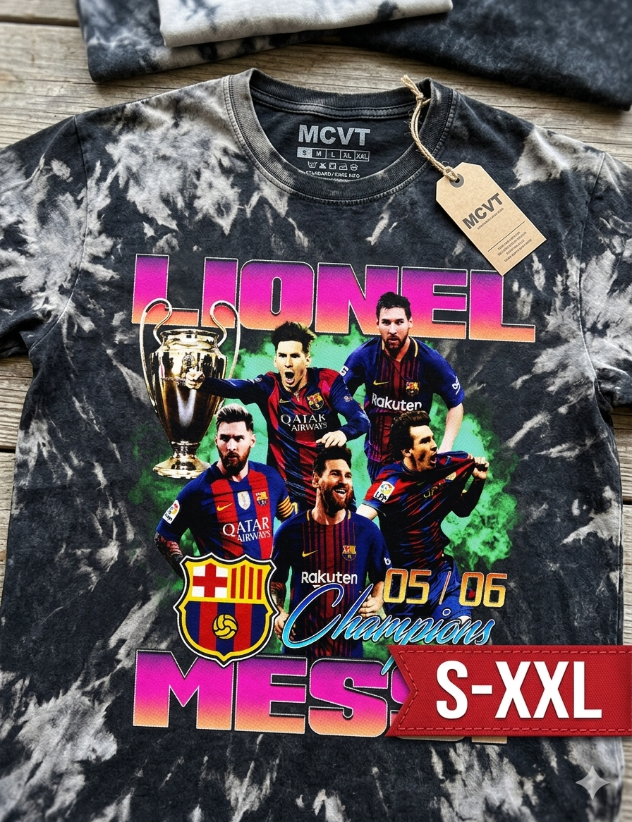 LIONEL MESSI Jumbo Print Acid Washed Vintage 90s Style Heavyweight T-Shirt