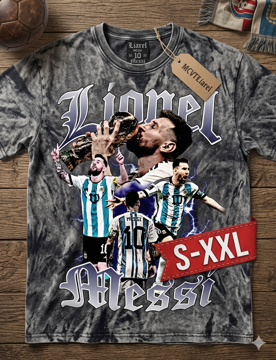 LIONEL MESSI Jumbo Print Acid Washed Vintage 90s Style Heavyweight T-Shirt