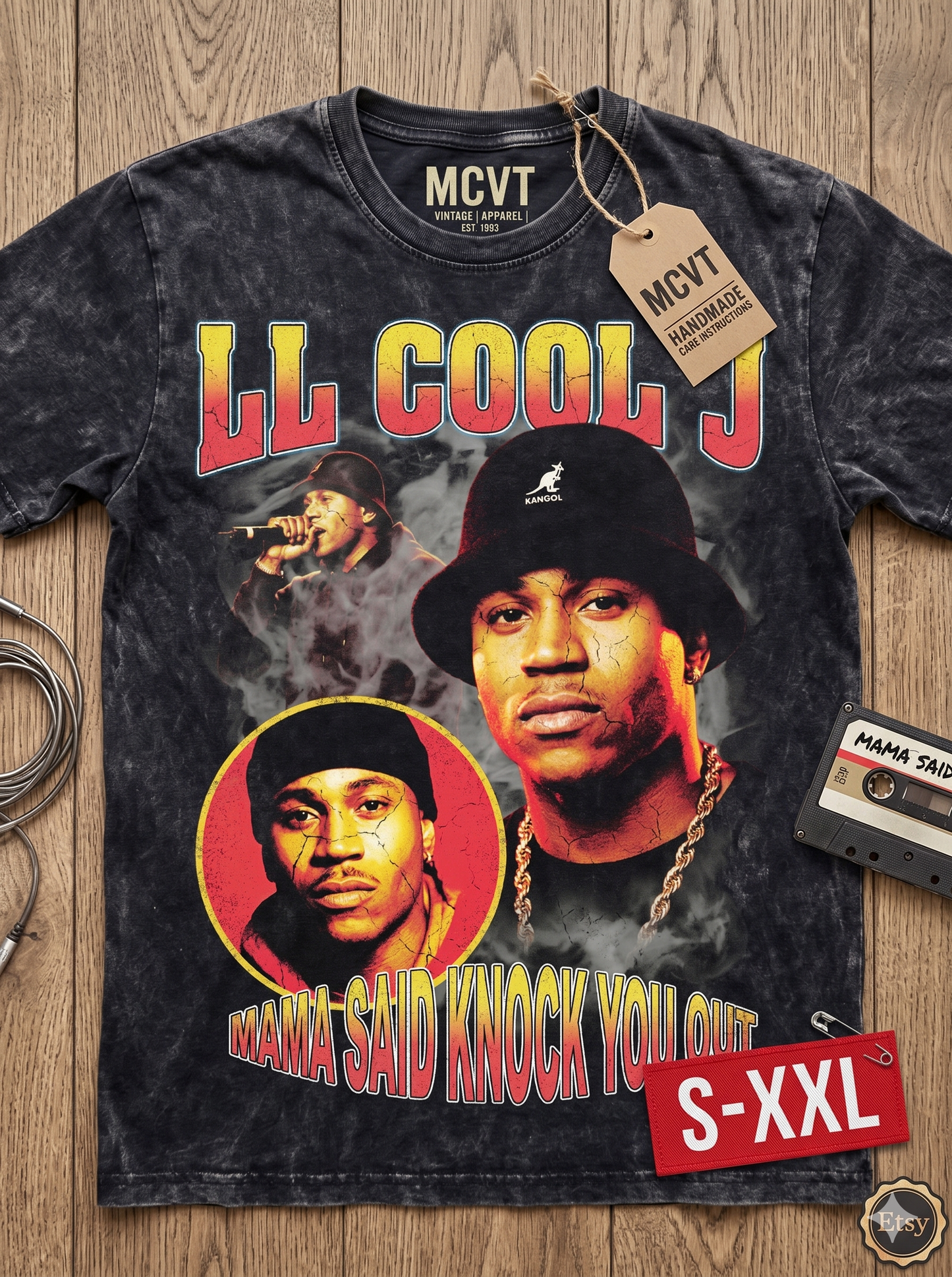 RAP LEGENDS LL Jumbo Print Acid Washed Vintage 90s Style Heavyweight T-Shirt