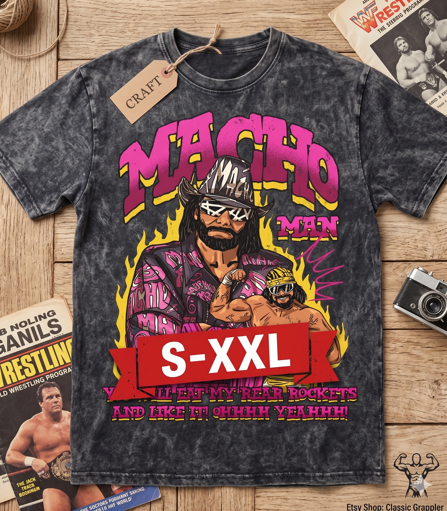 MACHO MAN Jumbo Print Acid Washed Vintage 90s Style Heavyweight T-Shirt