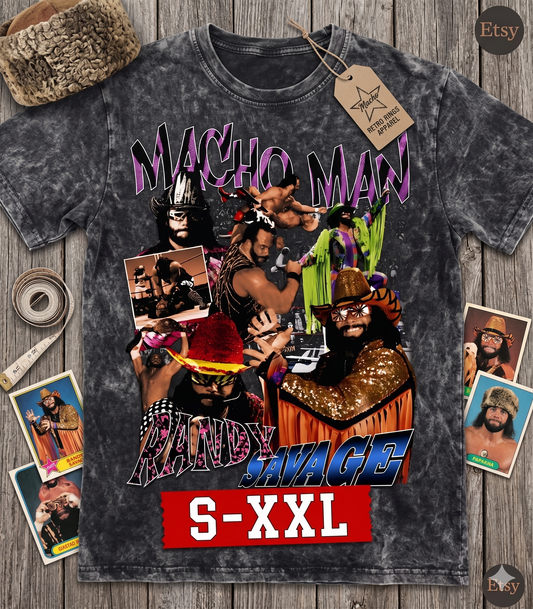 MACHO MAN Jumbo Print Acid Washed Vintage 90s Style Heavyweight T-Shirt