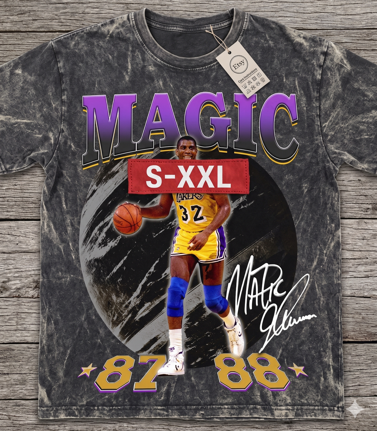 MAGIC JOHNSON Jumbo Print Acid Washed Vintage 90s Style Heavyweight T-Shirt