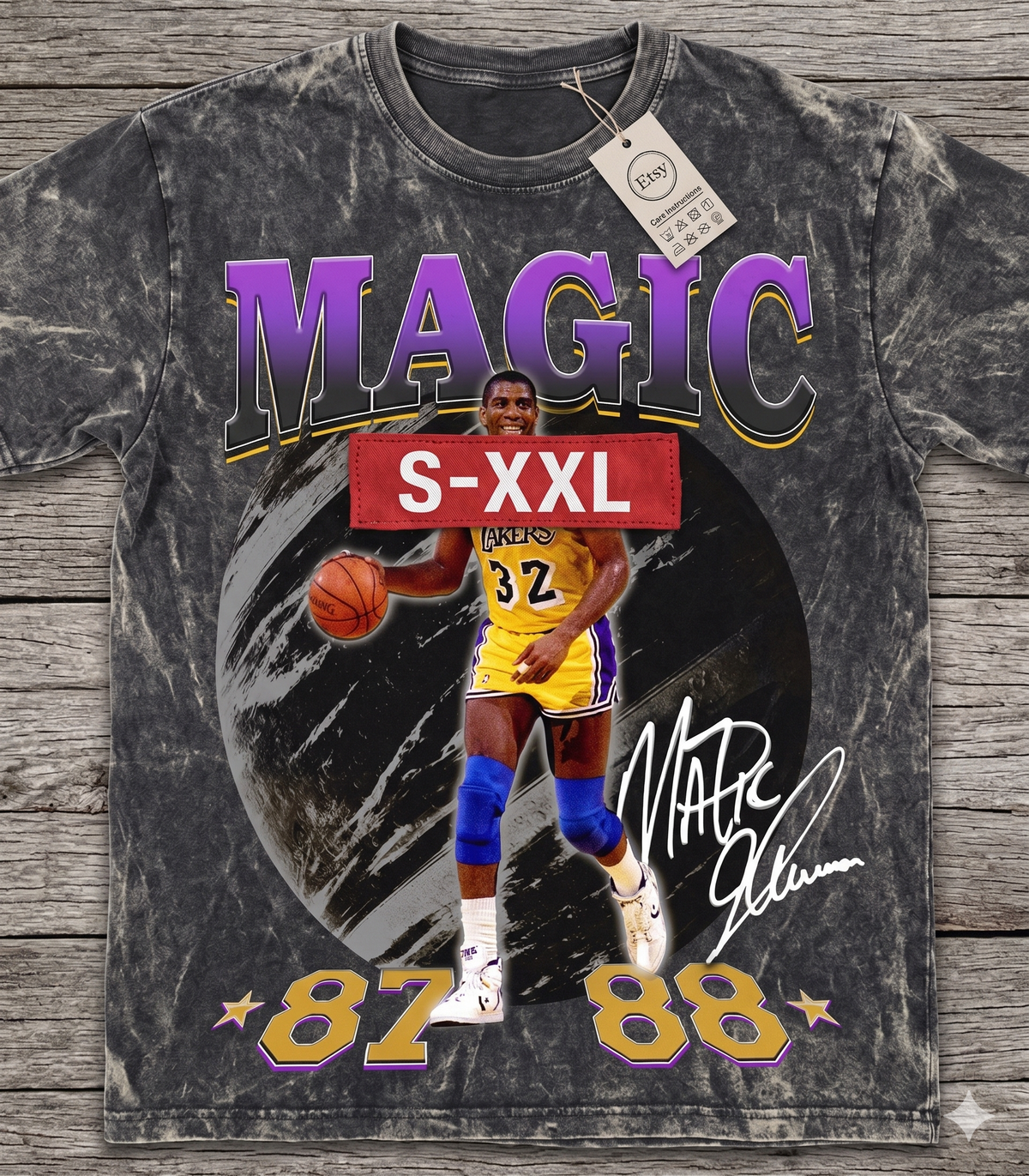 MAGIC JOHNSON Jumbo Print Acid Washed Vintage 90s Style Heavyweight T-Shirt