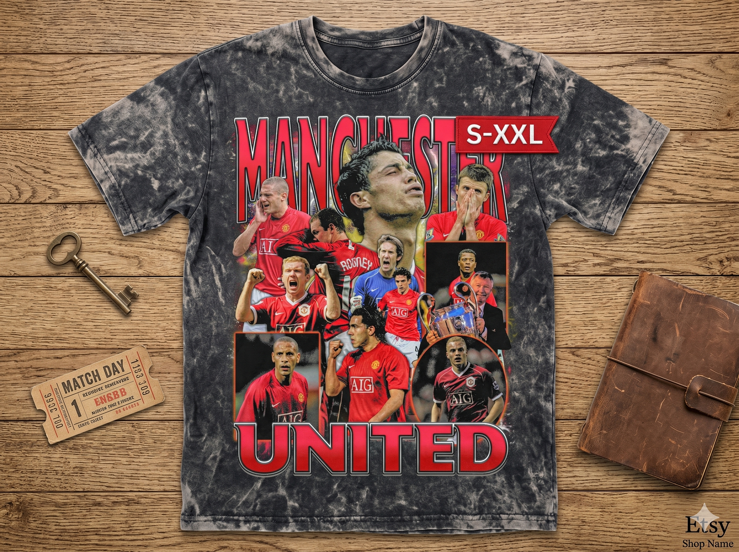 MANCHESTER UNITED Jumbo Print Acid Washed Vintage 90s Style Heavyweight T-Shirt