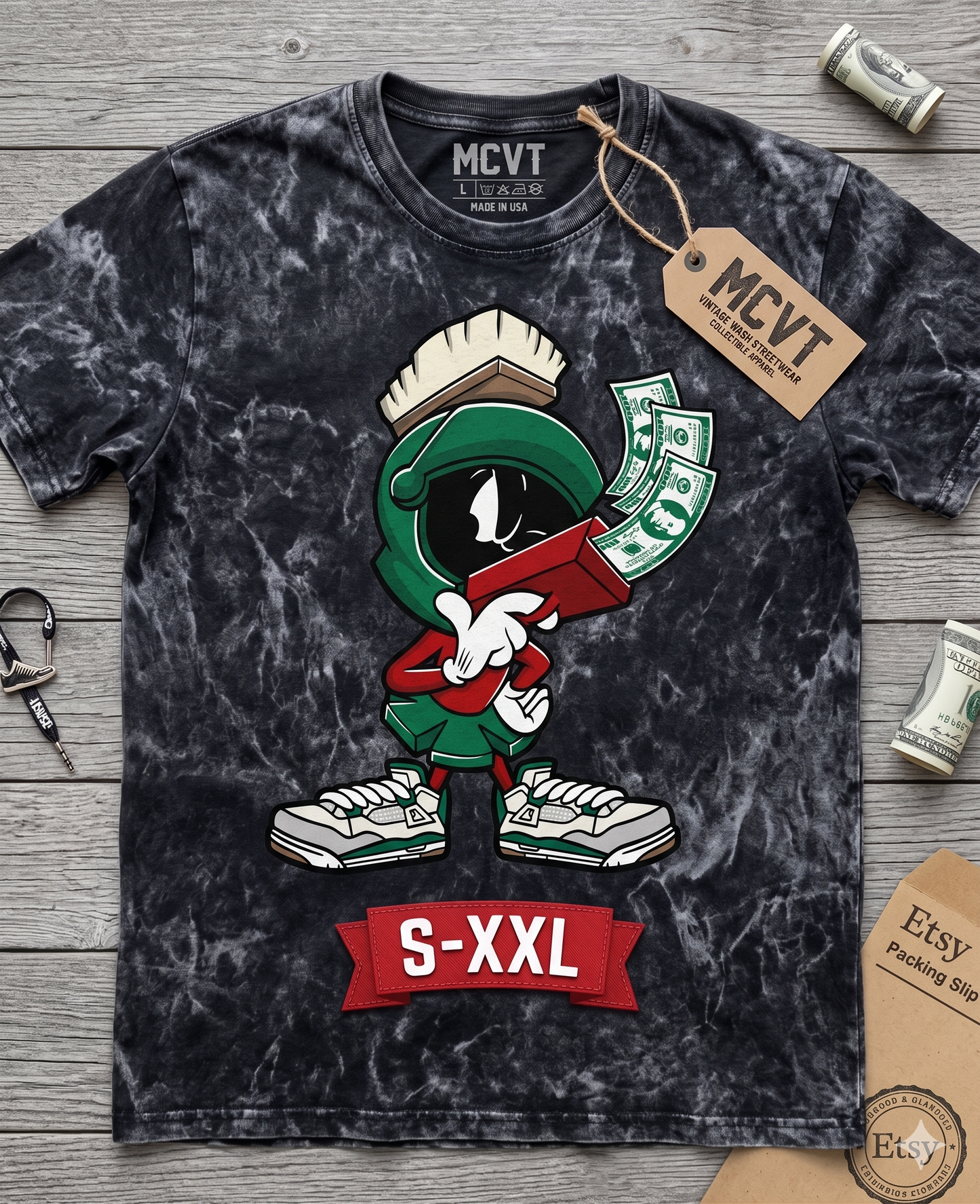 MARVIN MARTIAN Jumbo Print Acid Washed Vintage 90s Style Heavyweight T-Shirt