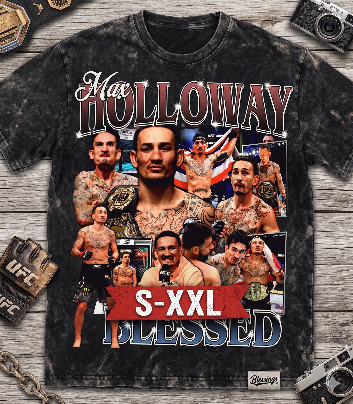 MAX HOLLOWAY Jumbo Print Acid Washed Vintage 90s Style Heavyweight T-Shirt