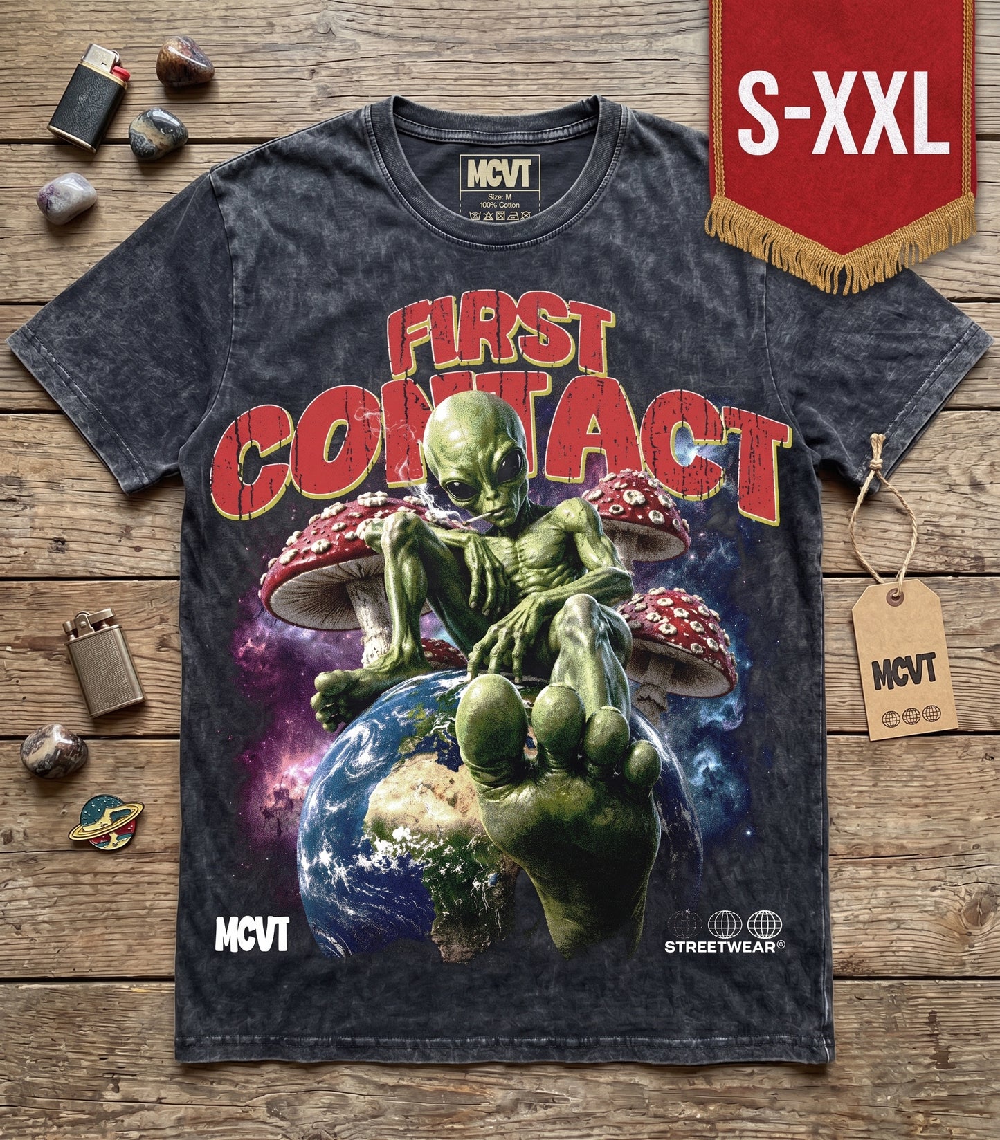 MCVT FIRST CONTACT Jumbo Print Acid Washed Vintage 90s Style Heavyweight T-Shirt