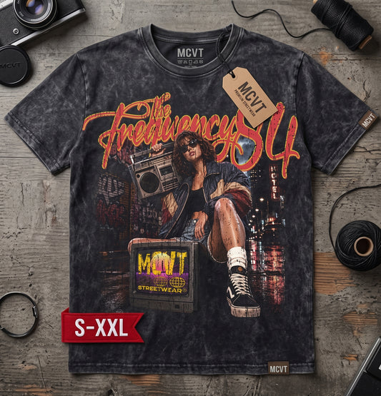 MCVT FREQUENCY 84 Jumbo Print Acid Washed Vintage 90s Style Heavyweight T-Shirt